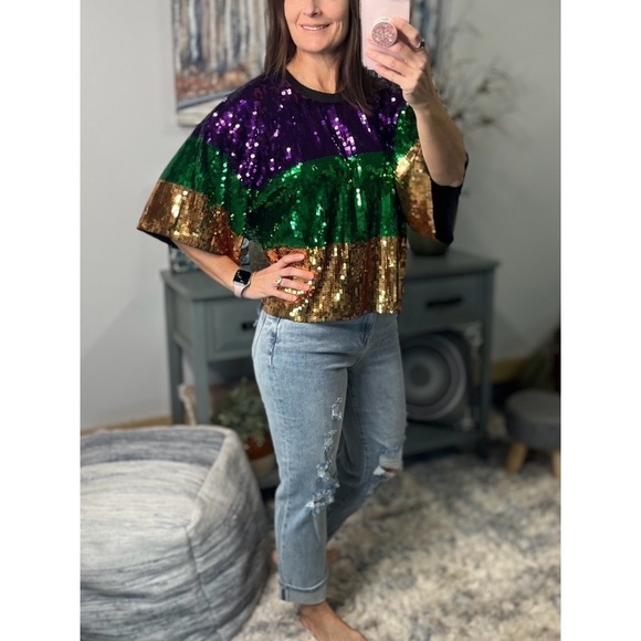 Mardi Gras Sequined Color Block Short Sleeves Cropped Purple Green Gold 0923 - Picture 1 of 8